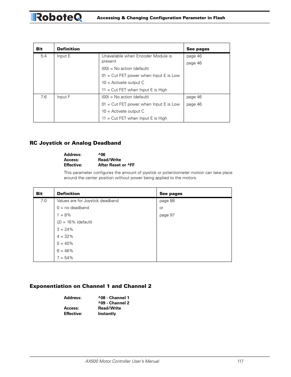 Rc joystick or analog deadband, Exponentiation on channel 1 and channel 2 | RoboteQ Dual Channel Digital Motor Controller AX500 User Manual | Page 117 / 154