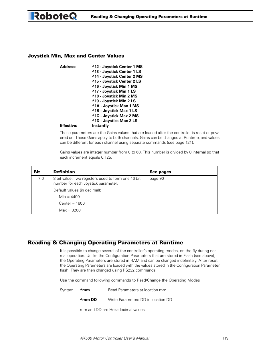 Joystick min, max and center values, Reading & changing operating parameters at runtime | RoboteQ Dual Channel Digital Motor Controller AX500 User Manual | Page 119 / 154