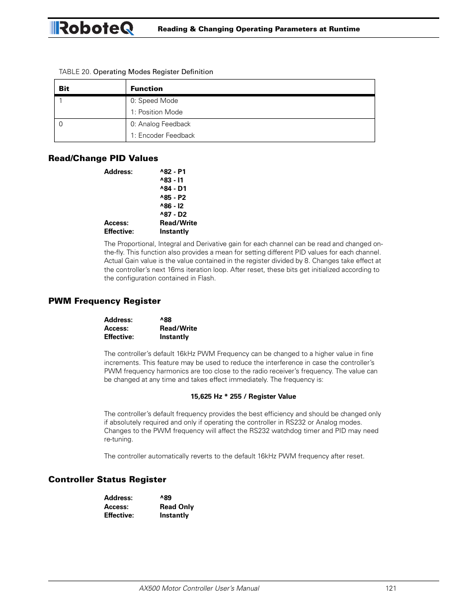 Read/change pid values, Pwm frequency register, Controller status register | RoboteQ Dual Channel Digital Motor Controller AX500 User Manual | Page 121 / 154
