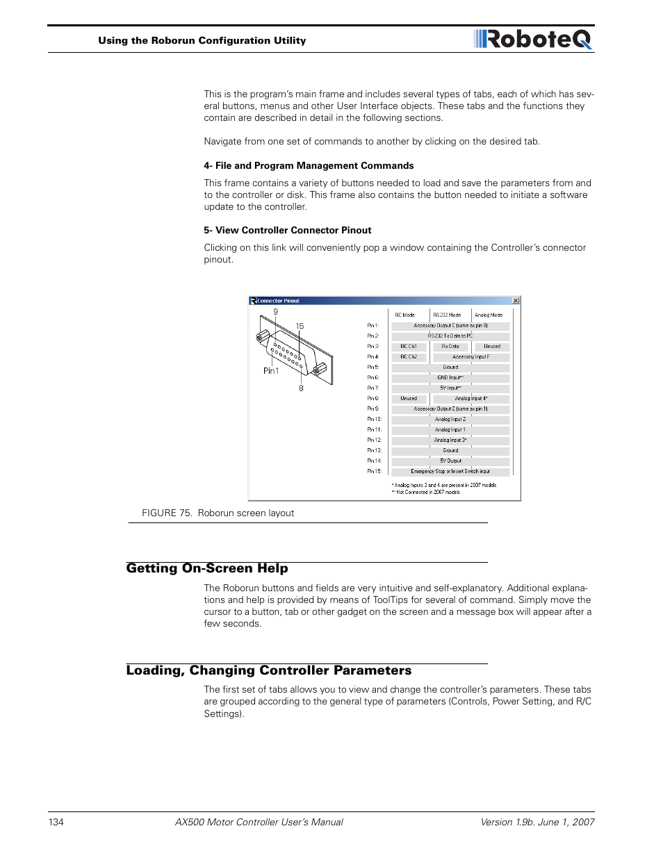 Getting on-screen help, Loading, changing controller parameters | RoboteQ Dual Channel Digital Motor Controller AX500 User Manual | Page 134 / 154