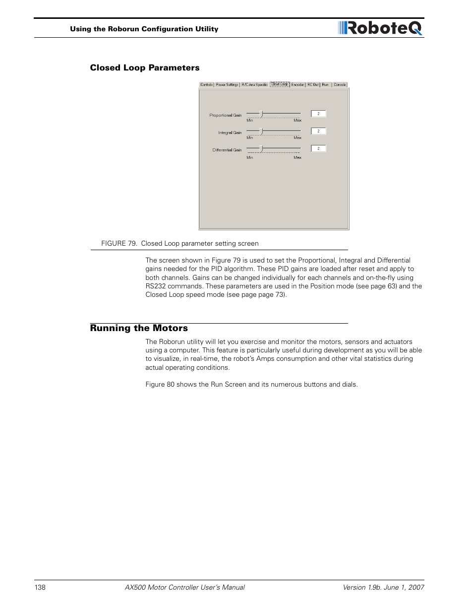 Closed loop parameters, Running the motors | RoboteQ Dual Channel Digital Motor Controller AX500 User Manual | Page 138 / 154