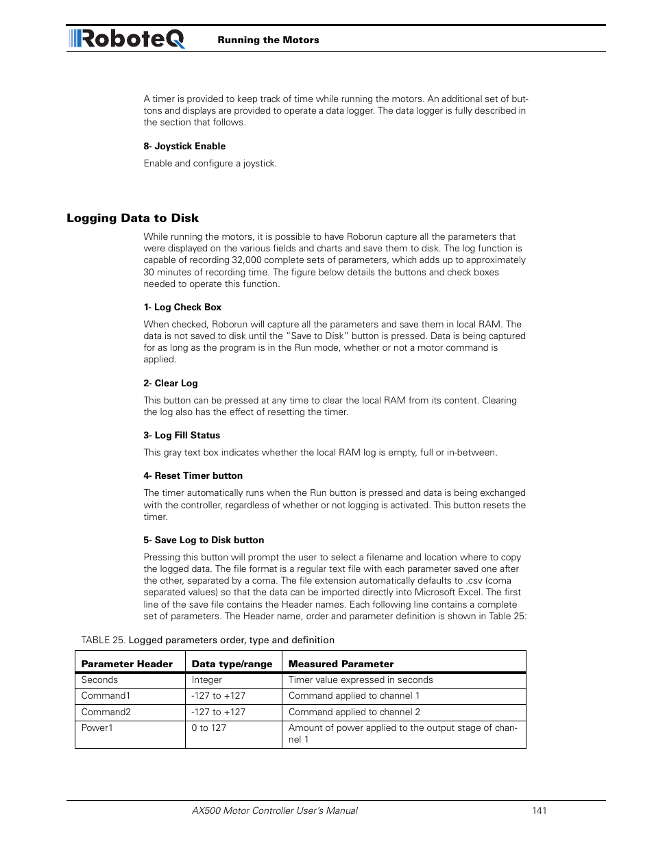 Logging data to disk | RoboteQ Dual Channel Digital Motor Controller AX500 User Manual | Page 141 / 154