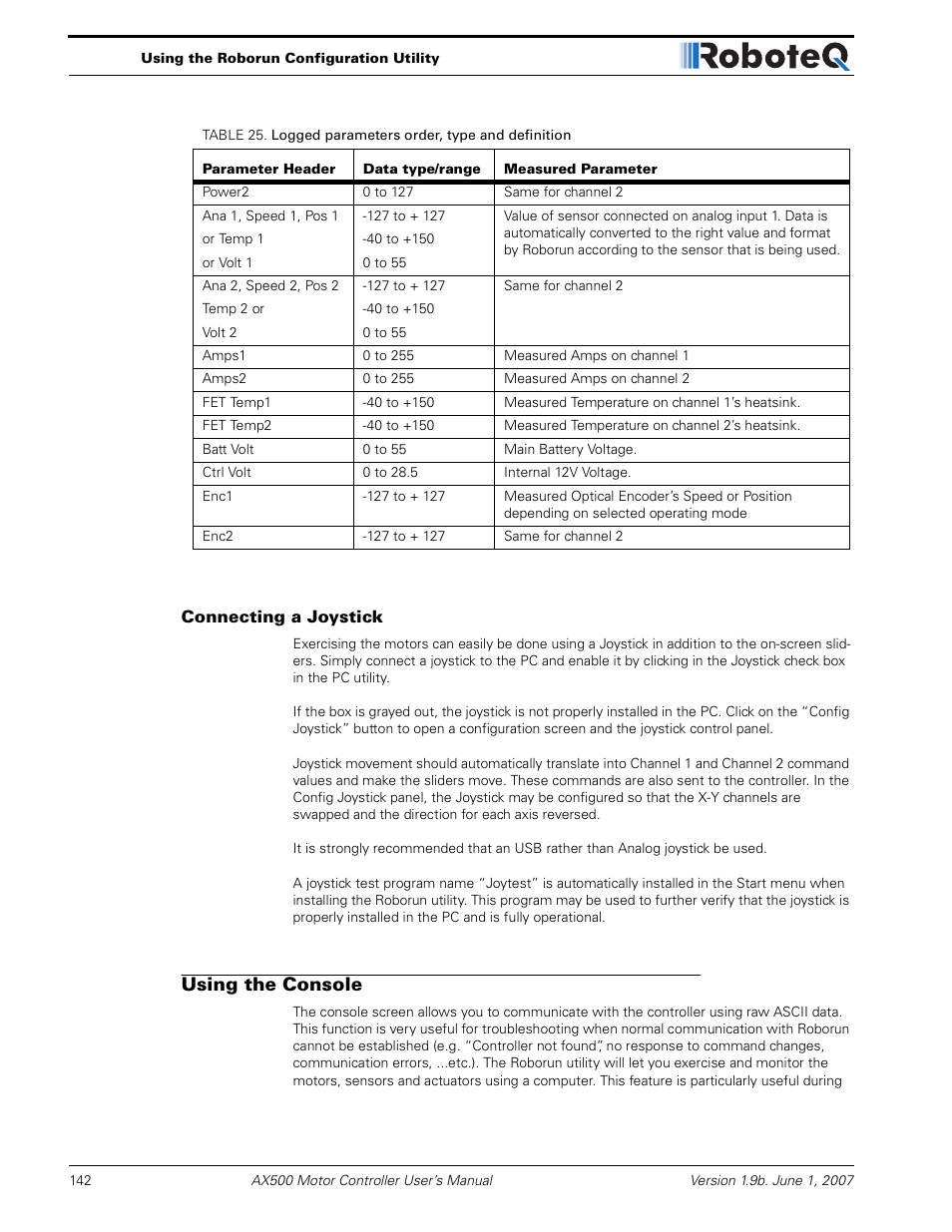 Connecting a joystick, Using the console | RoboteQ Dual Channel Digital Motor Controller AX500 User Manual | Page 142 / 154