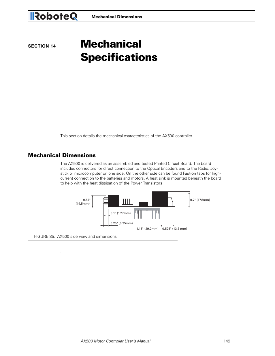 Section 14 mechanical specifications, Mechanical dimensions, Section 14 | Mechanical specifications | RoboteQ Dual Channel Digital Motor Controller AX500 User Manual | Page 149 / 154