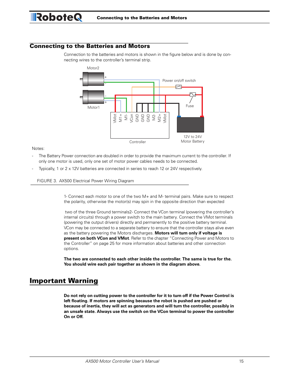 Connecting to the batteries and motors, Important warning | RoboteQ Dual Channel Digital Motor Controller AX500 User Manual | Page 15 / 154