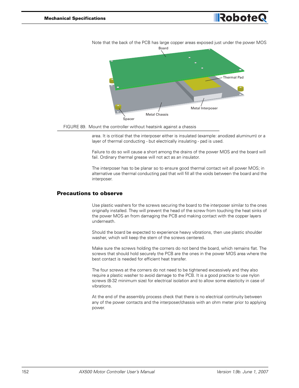 Precautions to observe | RoboteQ Dual Channel Digital Motor Controller AX500 User Manual | Page 152 / 154