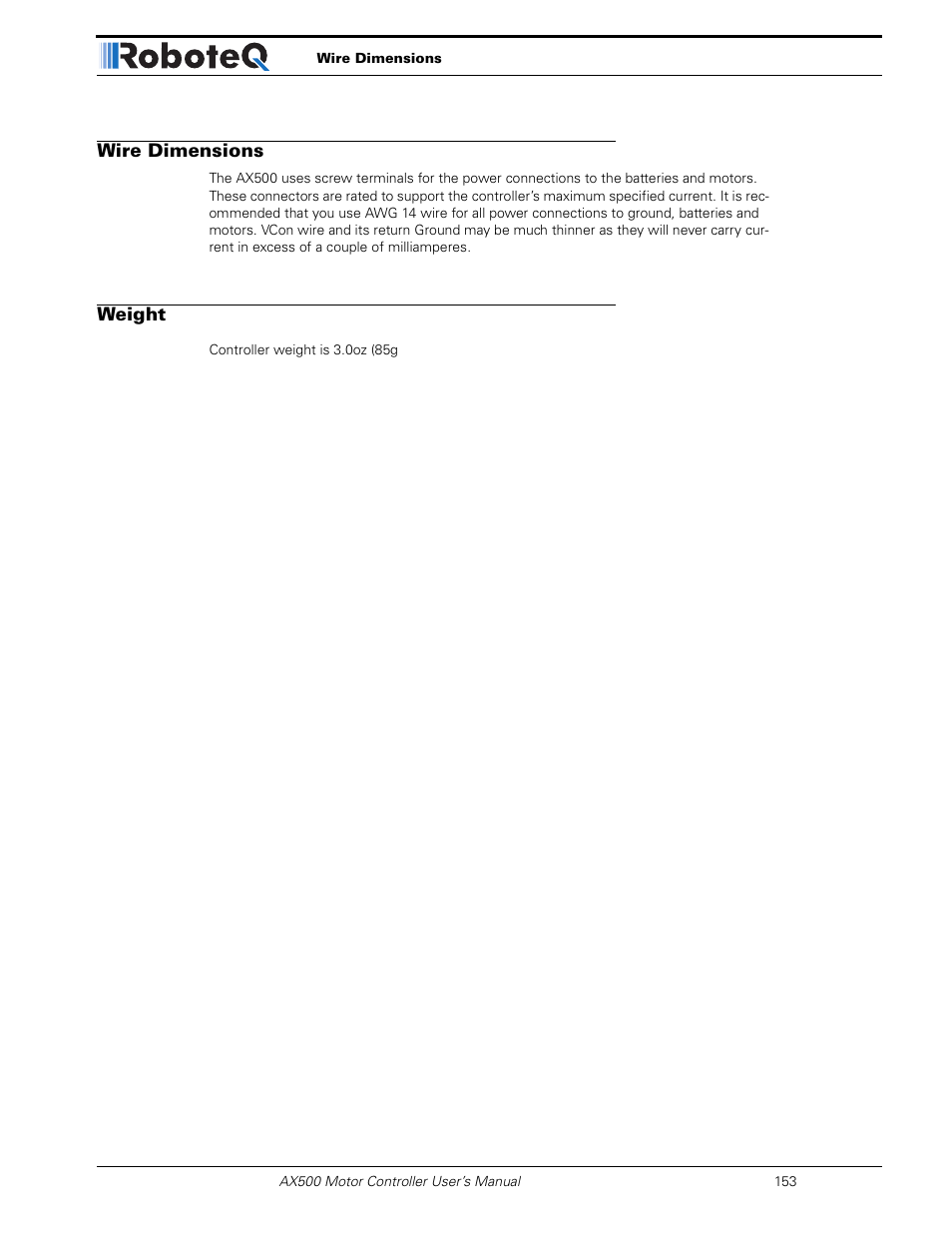 Wire dimensions, Weight | RoboteQ Dual Channel Digital Motor Controller AX500 User Manual | Page 153 / 154