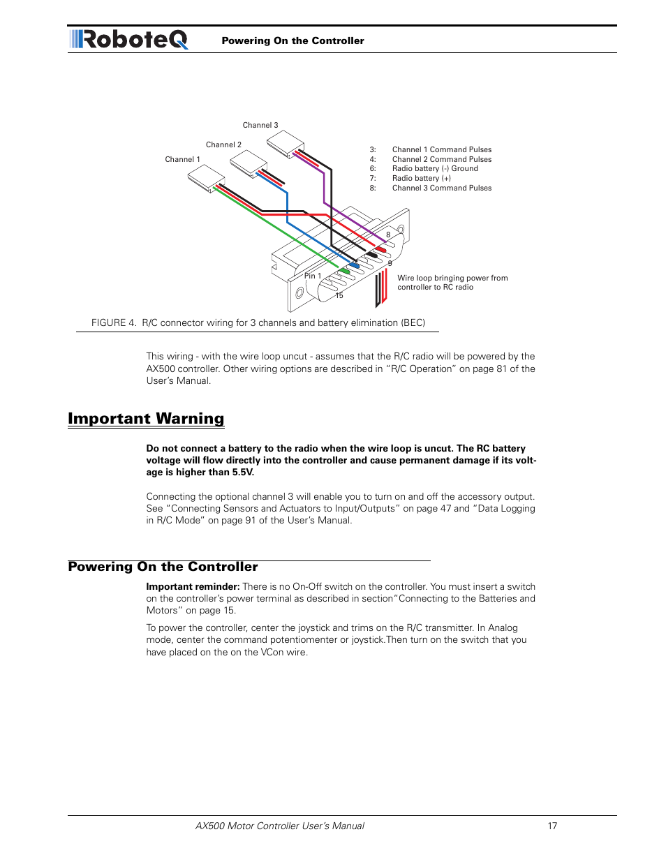 Important warning, Powering on the controller | RoboteQ Dual Channel Digital Motor Controller AX500 User Manual | Page 17 / 154