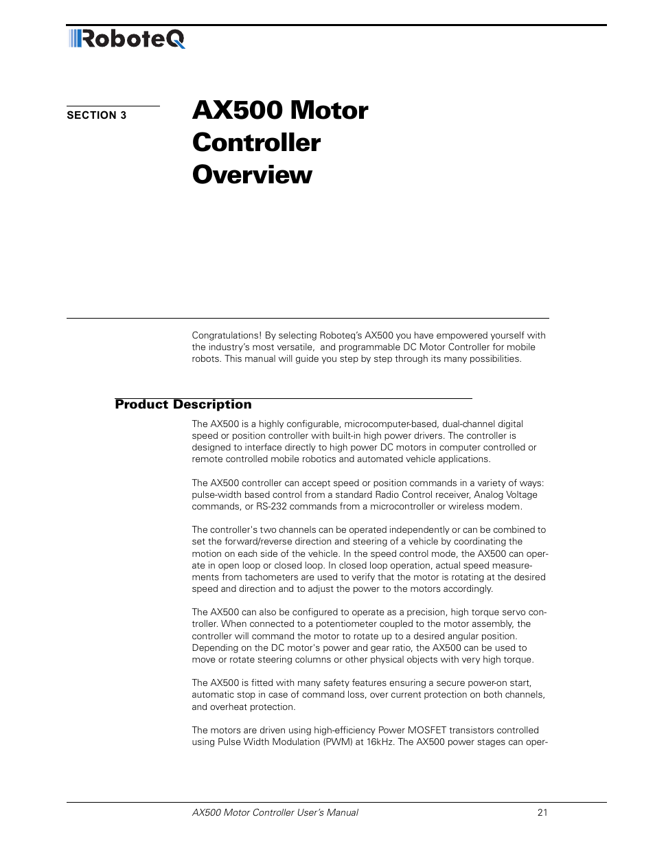 Section 3 ax500 motor controller overview, Product description, Section 3 | Ax500 motor controller overview | RoboteQ Dual Channel Digital Motor Controller AX500 User Manual | Page 21 / 154