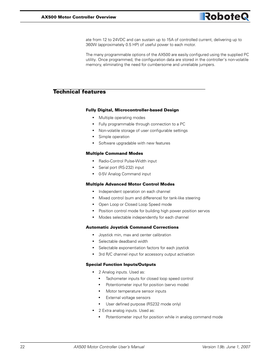 Technical features | RoboteQ Dual Channel Digital Motor Controller AX500 User Manual | Page 22 / 154