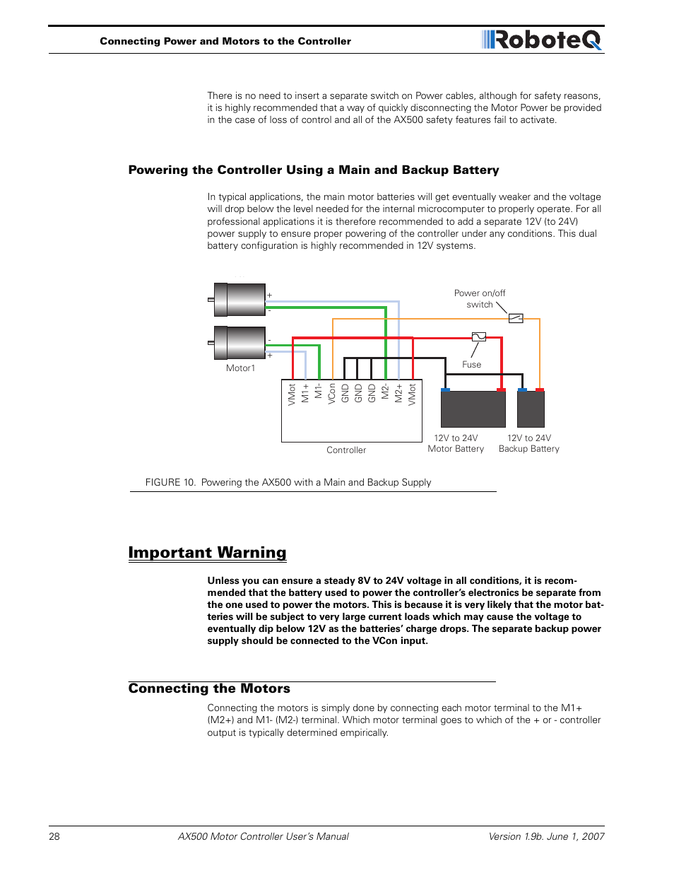 Important warning, Connecting the motors | RoboteQ Dual Channel Digital Motor Controller AX500 User Manual | Page 28 / 154