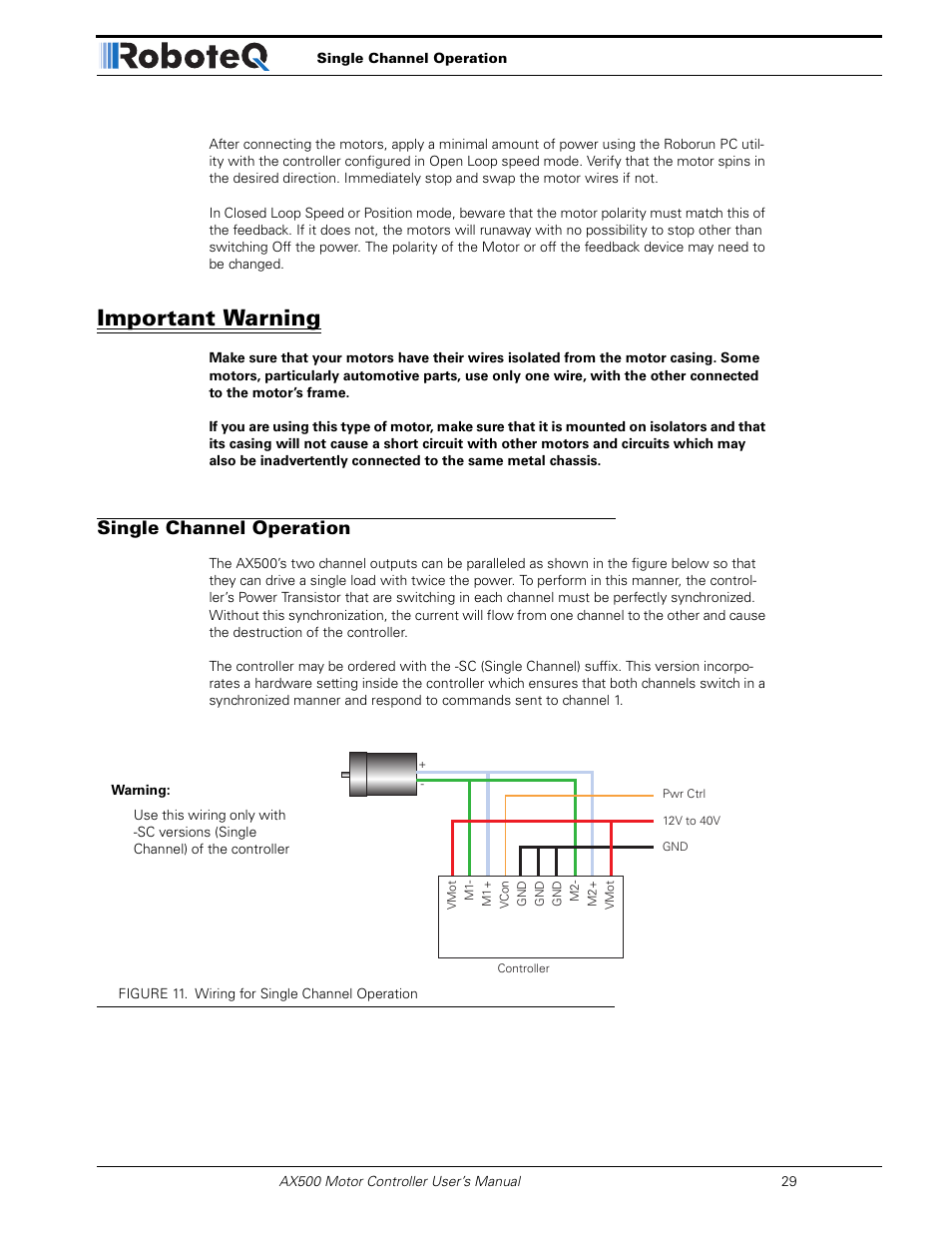 Important warning, Single channel operation | RoboteQ Dual Channel Digital Motor Controller AX500 User Manual | Page 29 / 154