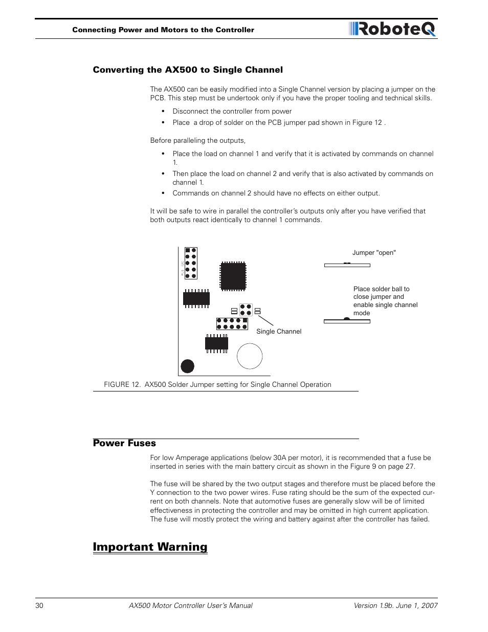 Converting the ax500 to single channel, Power fuses, Important warning | RoboteQ Dual Channel Digital Motor Controller AX500 User Manual | Page 30 / 154