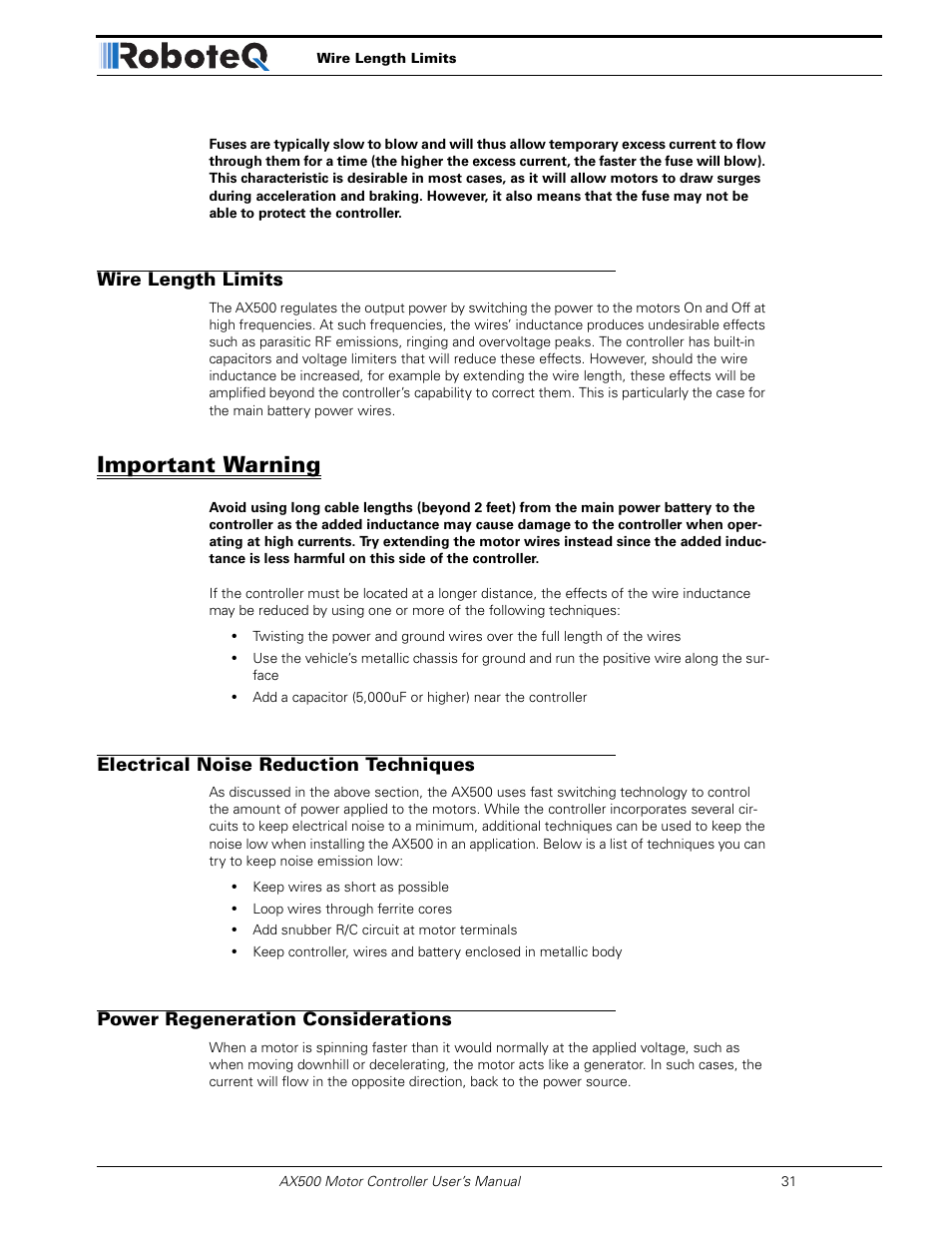 Wire length limits, Important warning, Electrical noise reduction techniques | Power regeneration considerations | RoboteQ Dual Channel Digital Motor Controller AX500 User Manual | Page 31 / 154