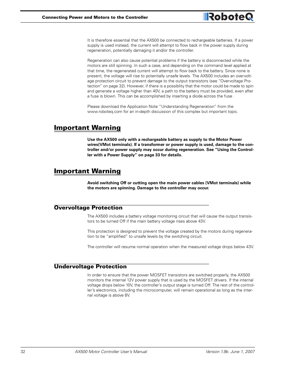 Important warning, Overvoltage protection, Undervoltage protection | RoboteQ Dual Channel Digital Motor Controller AX500 User Manual | Page 32 / 154
