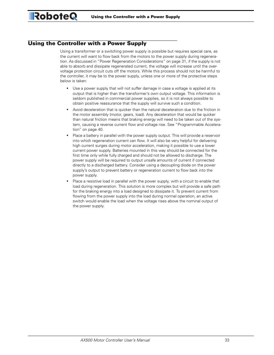 Using the controller with a power supply | RoboteQ Dual Channel Digital Motor Controller AX500 User Manual | Page 33 / 154