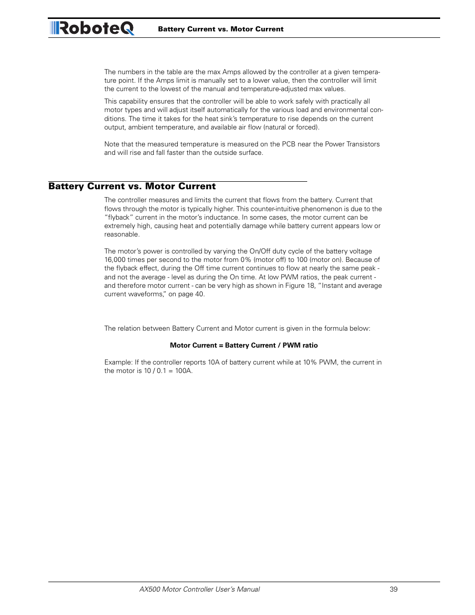 Battery current vs. motor current | RoboteQ Dual Channel Digital Motor Controller AX500 User Manual | Page 39 / 154