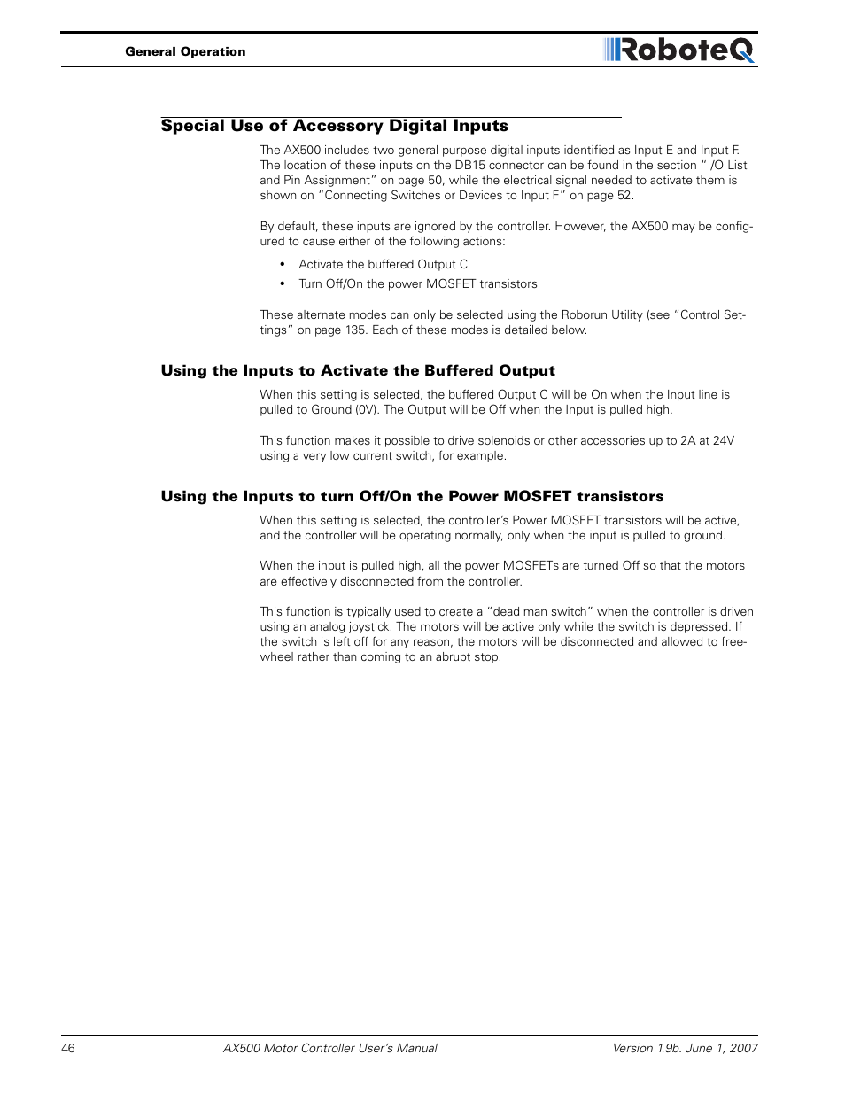 Special use of accessory digital inputs, Using the inputs to activate the buffered output | RoboteQ Dual Channel Digital Motor Controller AX500 User Manual | Page 46 / 154