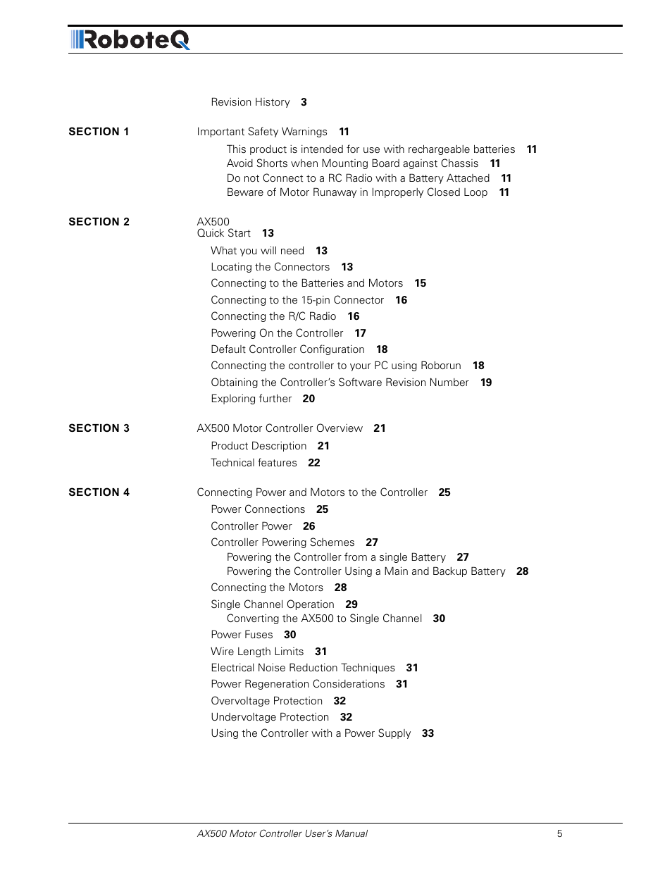 RoboteQ Dual Channel Digital Motor Controller AX500 User Manual | Page 5 / 154