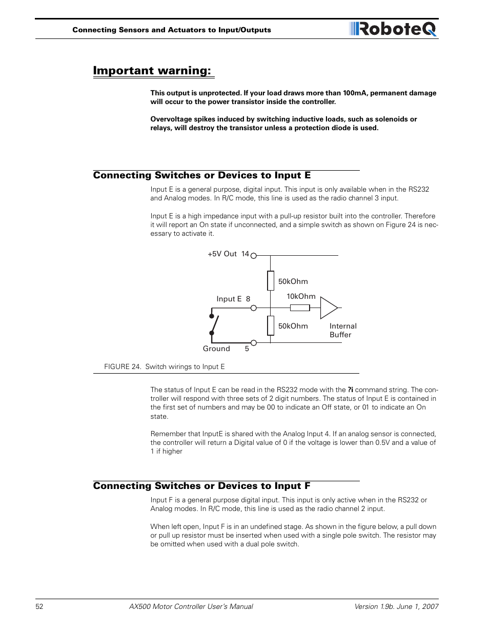 Important warning, Connecting switches or devices to input e, Connecting switches or devices to input f | RoboteQ Dual Channel Digital Motor Controller AX500 User Manual | Page 52 / 154