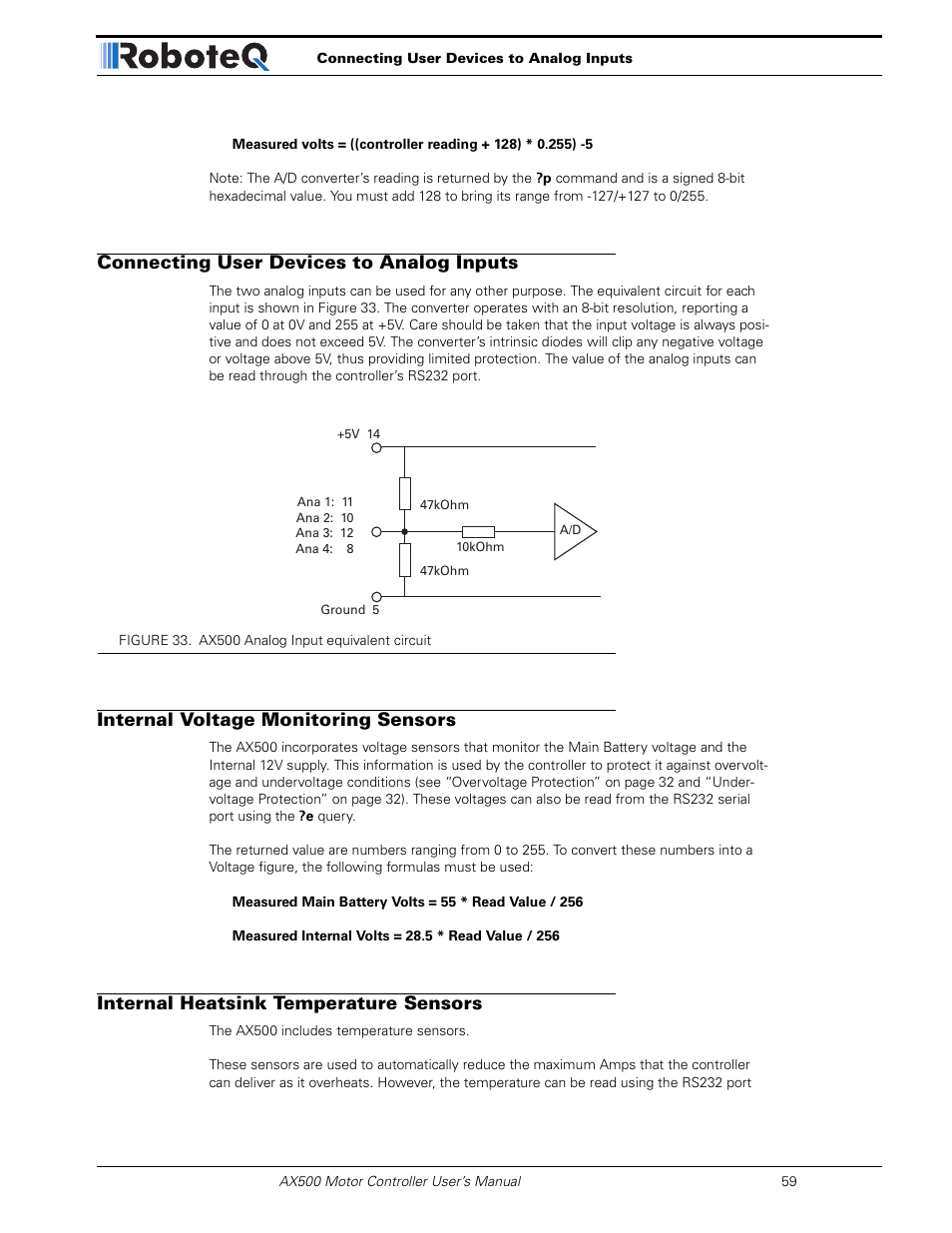 Connecting user devices to analog inputs, Internal voltage monitoring sensors, Internal heatsink temperature sensors | RoboteQ Dual Channel Digital Motor Controller AX500 User Manual | Page 59 / 154