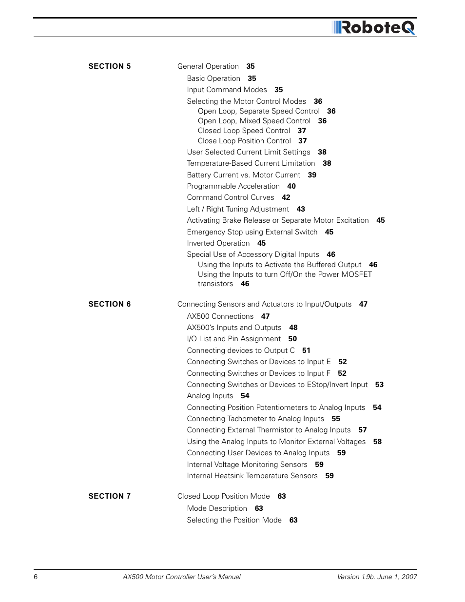 RoboteQ Dual Channel Digital Motor Controller AX500 User Manual | Page 6 / 154