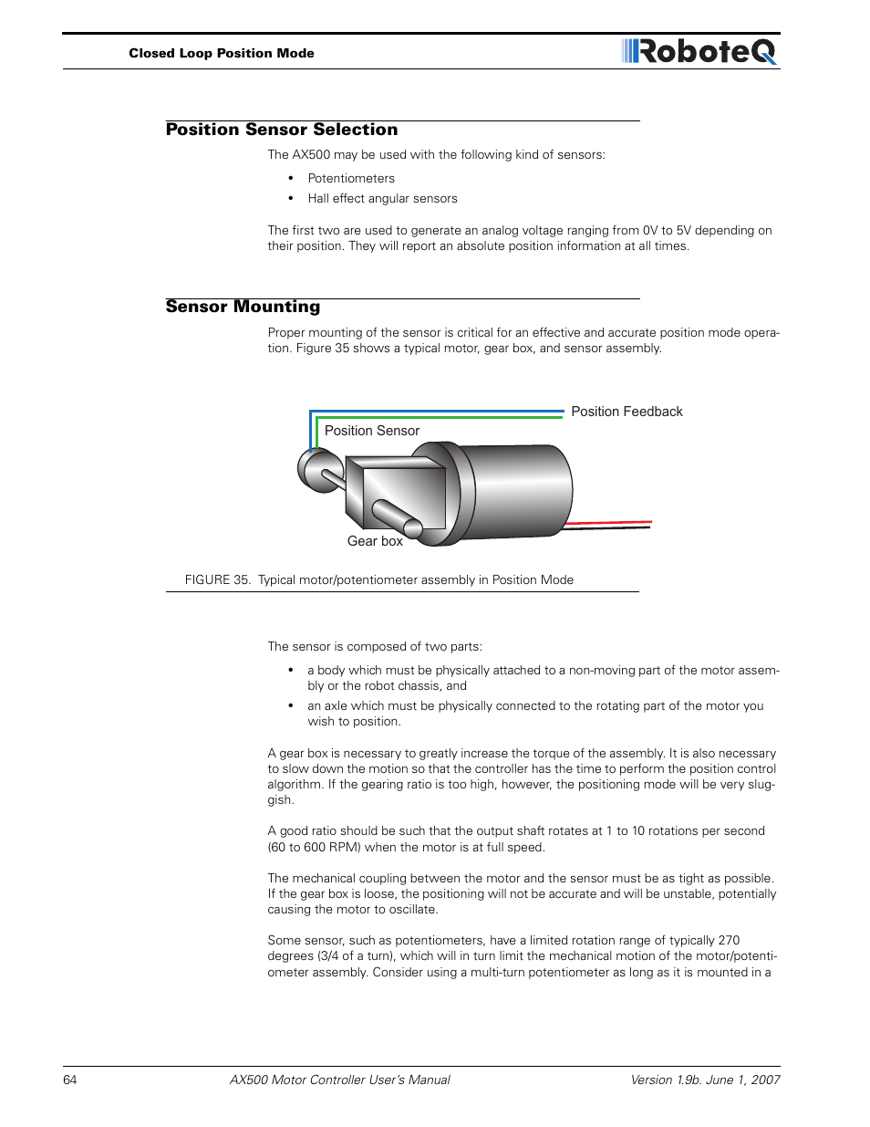 Position sensor selection, Sensor mounting | RoboteQ Dual Channel Digital Motor Controller AX500 User Manual | Page 64 / 154