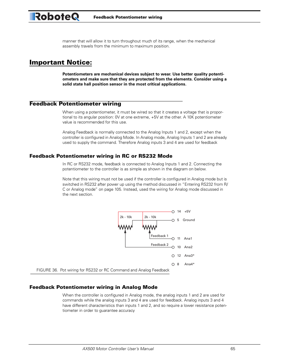 Important notice, Feedback potentiometer wiring, Feedback potentiometer wiring in rc or rs232 mode | Feedback potentiometer wiring in analog mode | RoboteQ Dual Channel Digital Motor Controller AX500 User Manual | Page 65 / 154