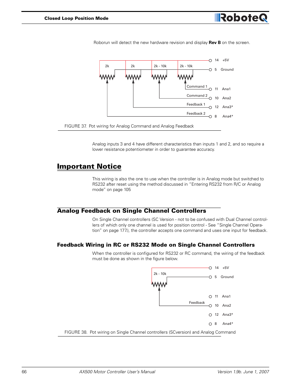 Important notice, Analog feedback on single channel controllers | RoboteQ Dual Channel Digital Motor Controller AX500 User Manual | Page 66 / 154