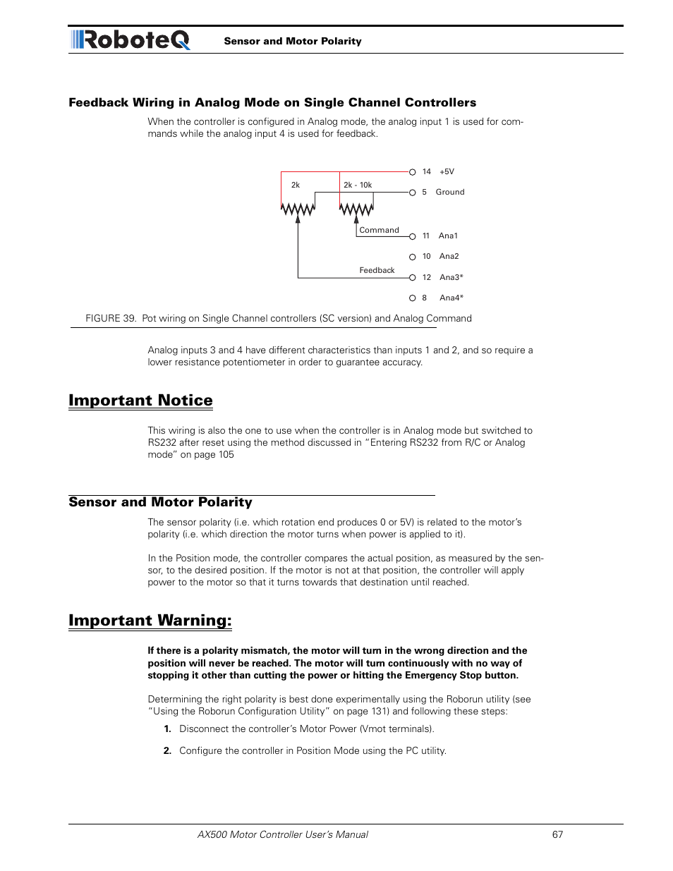 Important notice, Sensor and motor polarity, Important warning | RoboteQ Dual Channel Digital Motor Controller AX500 User Manual | Page 67 / 154