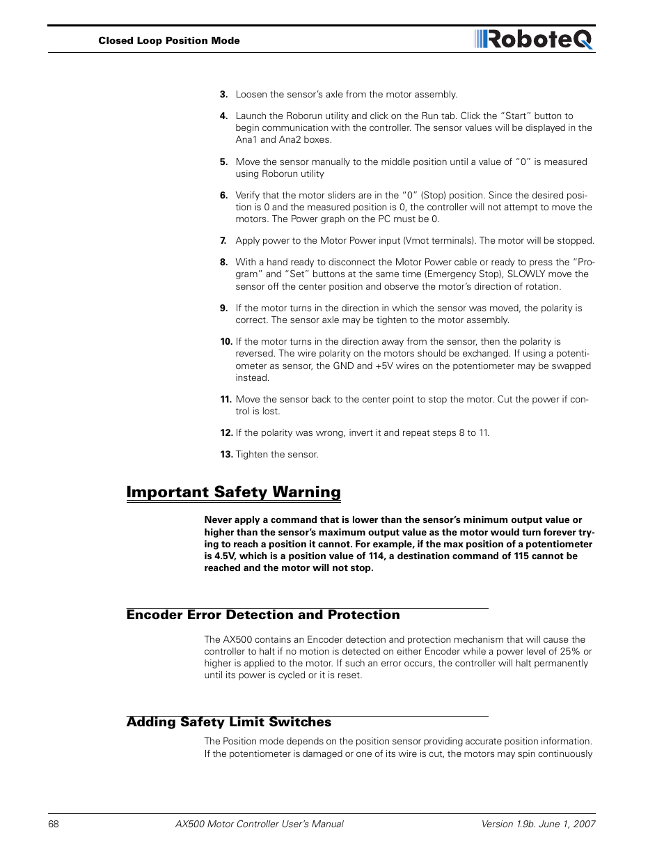 Important safety warning, Encoder error detection and protection, Adding safety limit switches | RoboteQ Dual Channel Digital Motor Controller AX500 User Manual | Page 68 / 154