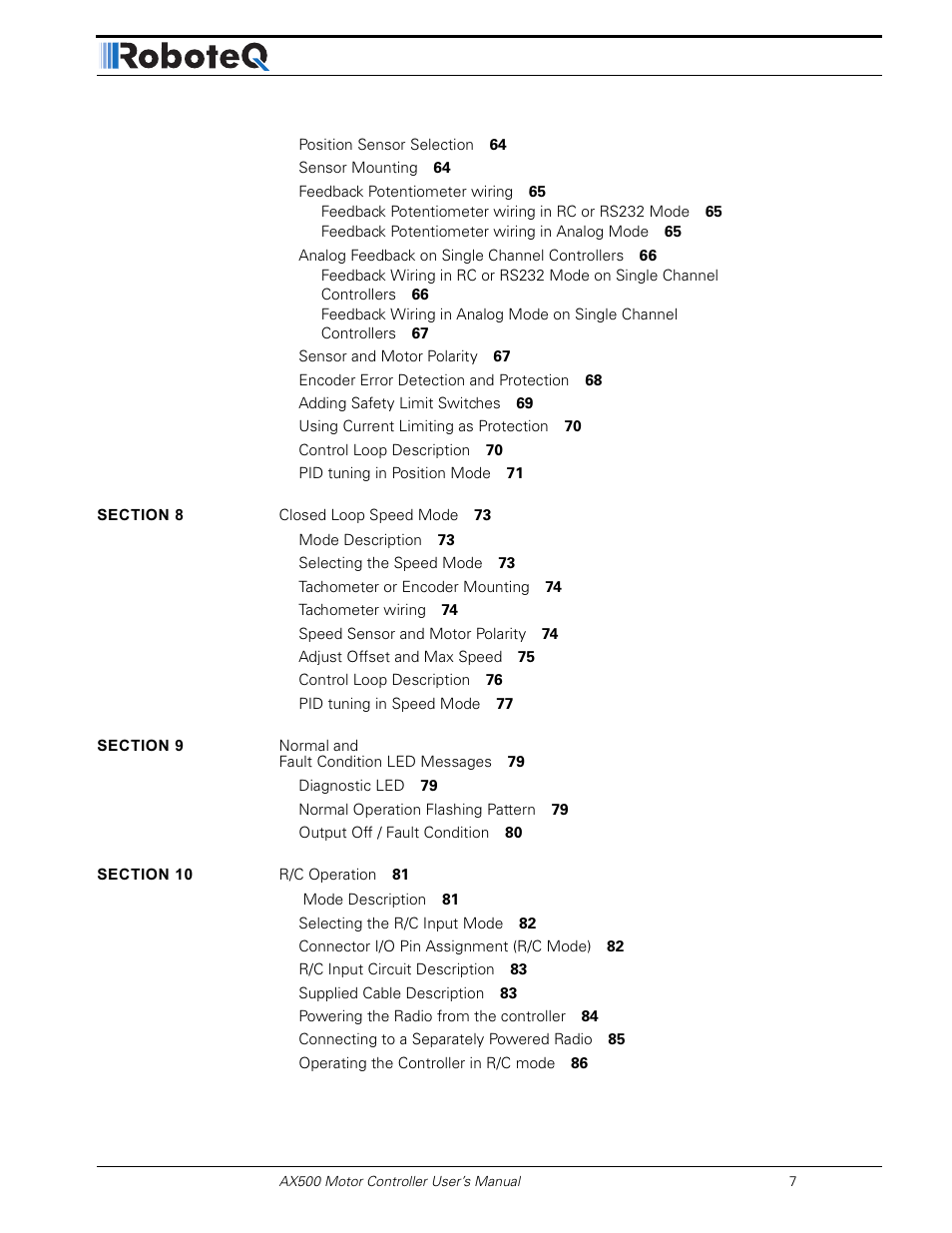 RoboteQ Dual Channel Digital Motor Controller AX500 User Manual | Page 7 / 154