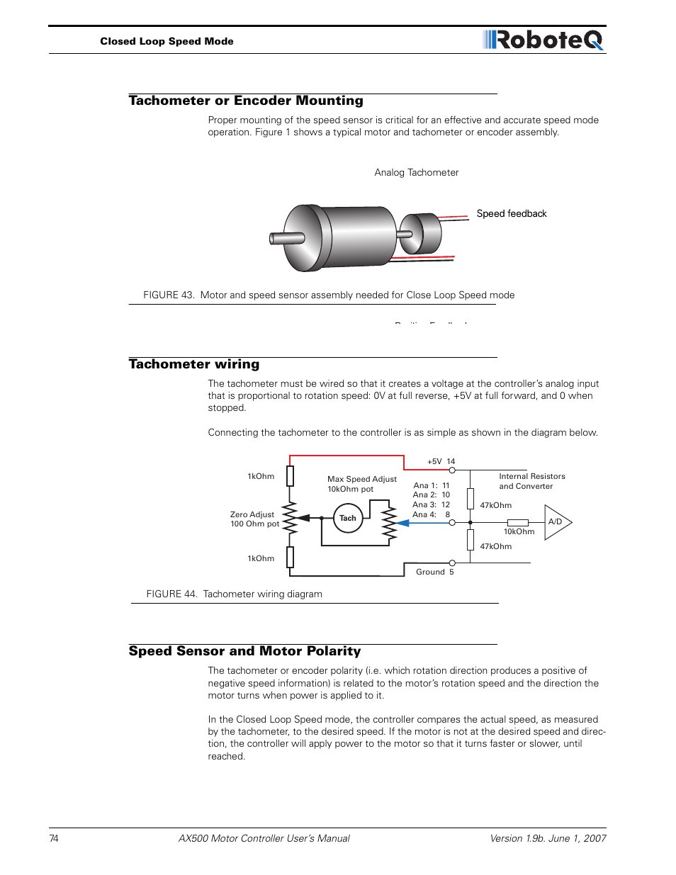 Tachometer or encoder mounting, Tachometer wiring, Speed sensor and motor polarity | RoboteQ Dual Channel Digital Motor Controller AX500 User Manual | Page 74 / 154