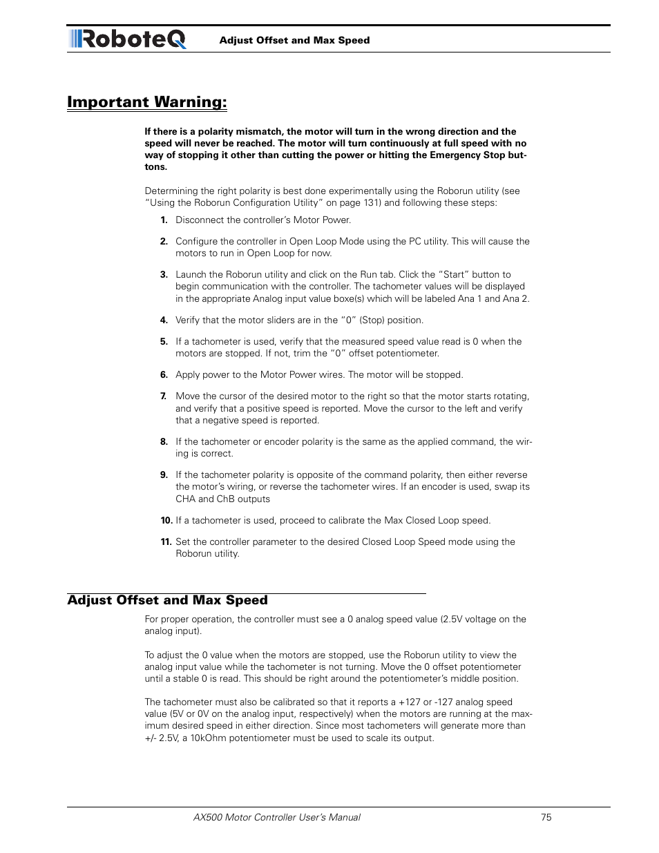 Important warning, Adjust offset and max speed | RoboteQ Dual Channel Digital Motor Controller AX500 User Manual | Page 75 / 154