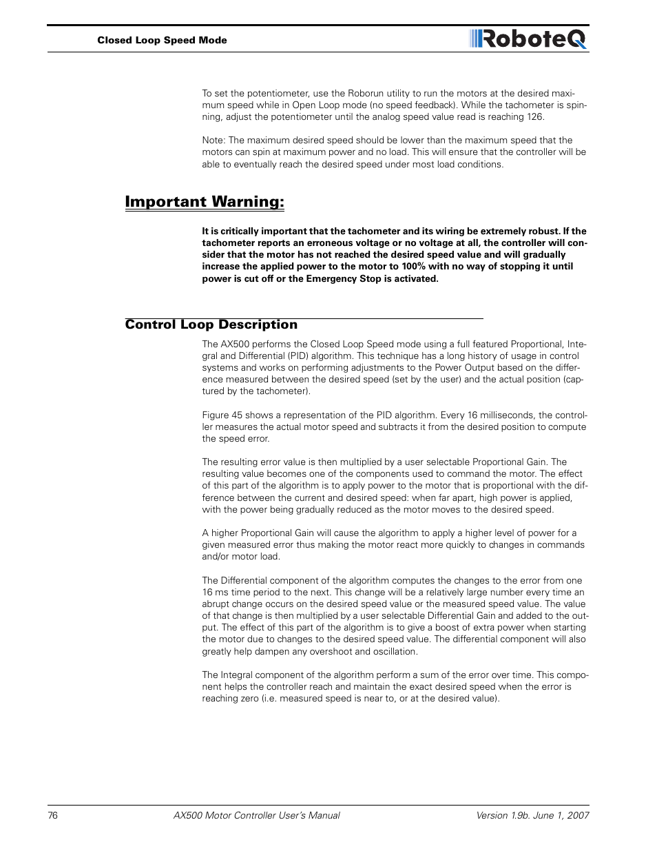 Important warning, Control loop description | RoboteQ Dual Channel Digital Motor Controller AX500 User Manual | Page 76 / 154