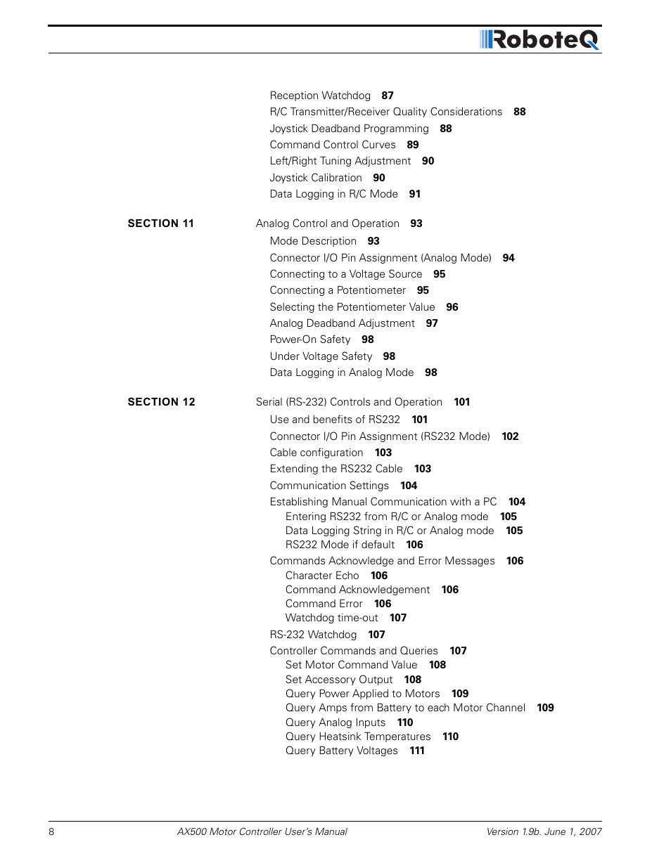 RoboteQ Dual Channel Digital Motor Controller AX500 User Manual | Page 8 / 154