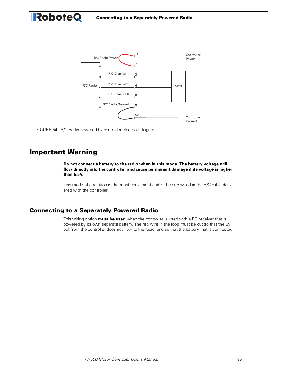 Important warning, Connecting to a separately powered radio | RoboteQ Dual Channel Digital Motor Controller AX500 User Manual | Page 85 / 154