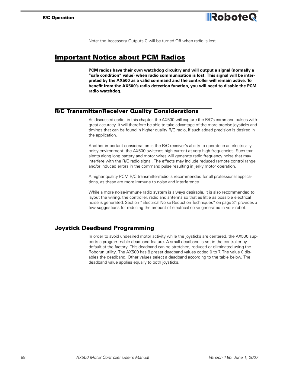 Important notice about pcm radios, R/c transmitter/receiver quality considerations, Joystick deadband programming | RoboteQ Dual Channel Digital Motor Controller AX500 User Manual | Page 88 / 154