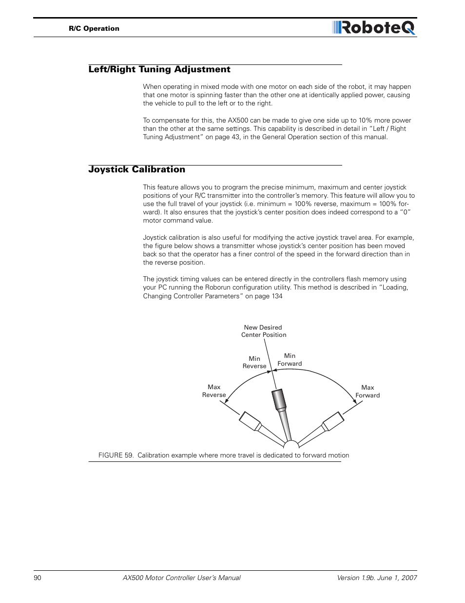 Left/right tuning adjustment, Joystick calibration | RoboteQ Dual Channel Digital Motor Controller AX500 User Manual | Page 90 / 154