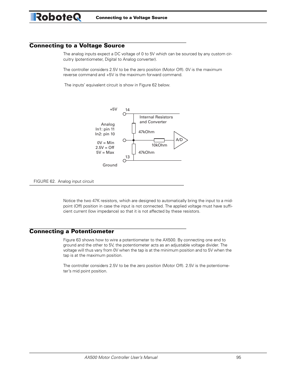 Connecting to a voltage source, Connecting a potentiometer | RoboteQ Dual Channel Digital Motor Controller AX500 User Manual | Page 95 / 154