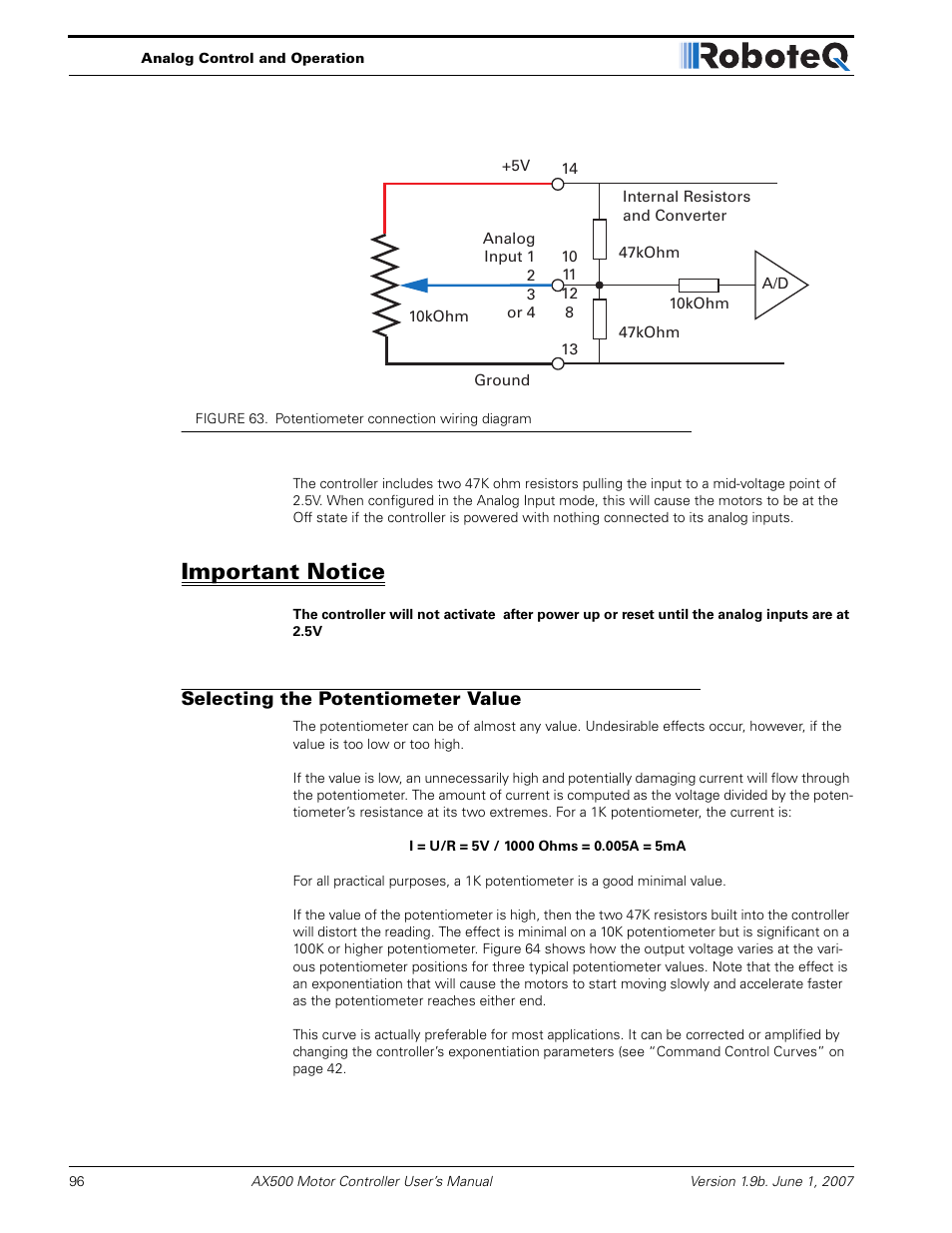 Important notice, Selecting the potentiometer value | RoboteQ Dual Channel Digital Motor Controller AX500 User Manual | Page 96 / 154