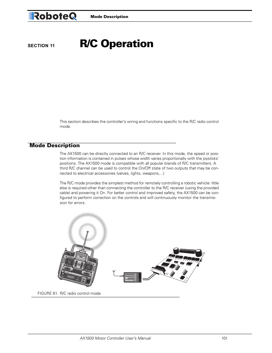 Section 11 r/c operation, Mode description, Section 11 | R/c operation | RoboteQ Dual Channel Digital Motor Controller AX2550 User Manual | Page 101 / 186