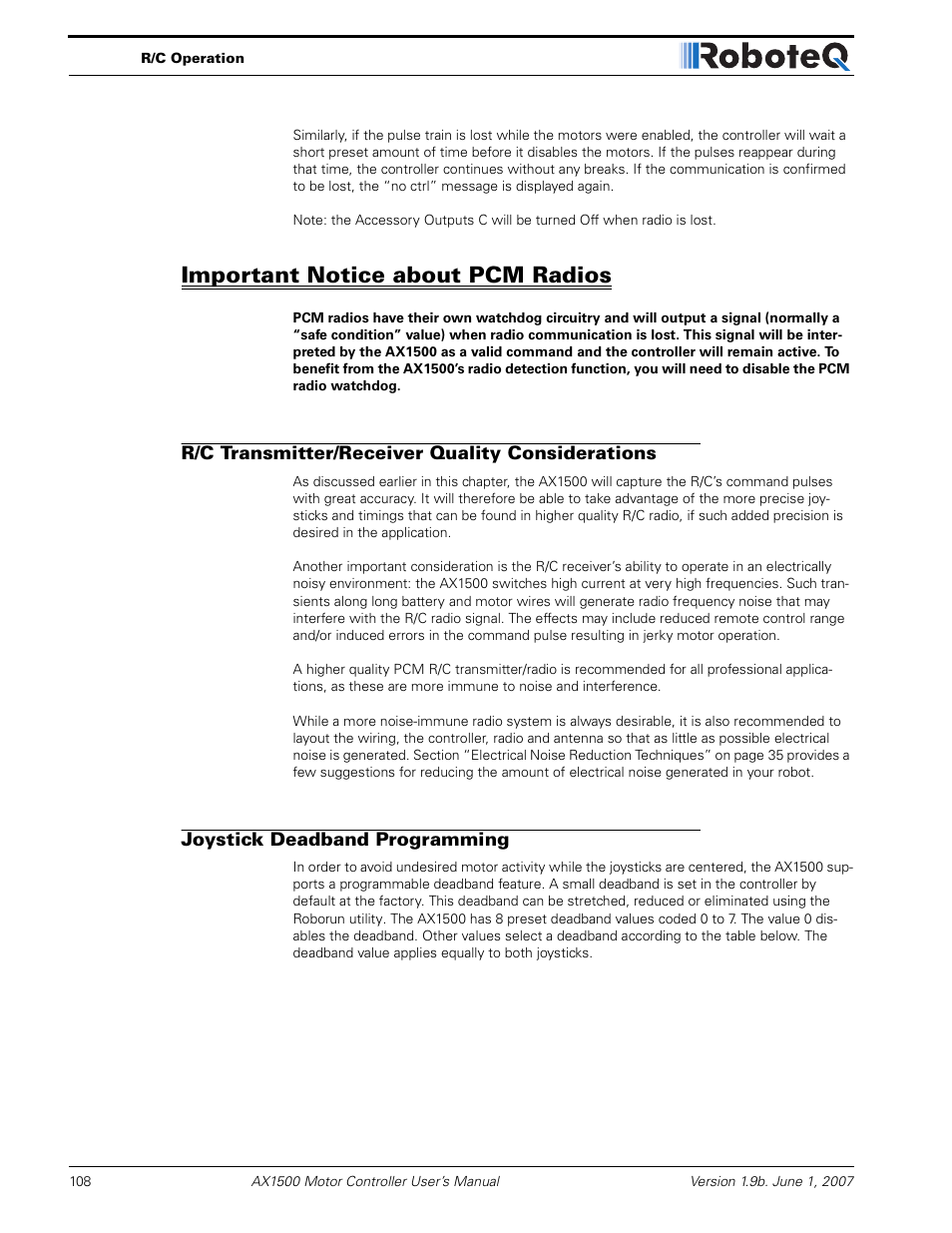 Important notice about pcm radios, R/c transmitter/receiver quality considerations, Joystick deadband programming | RoboteQ Dual Channel Digital Motor Controller AX2550 User Manual | Page 108 / 186