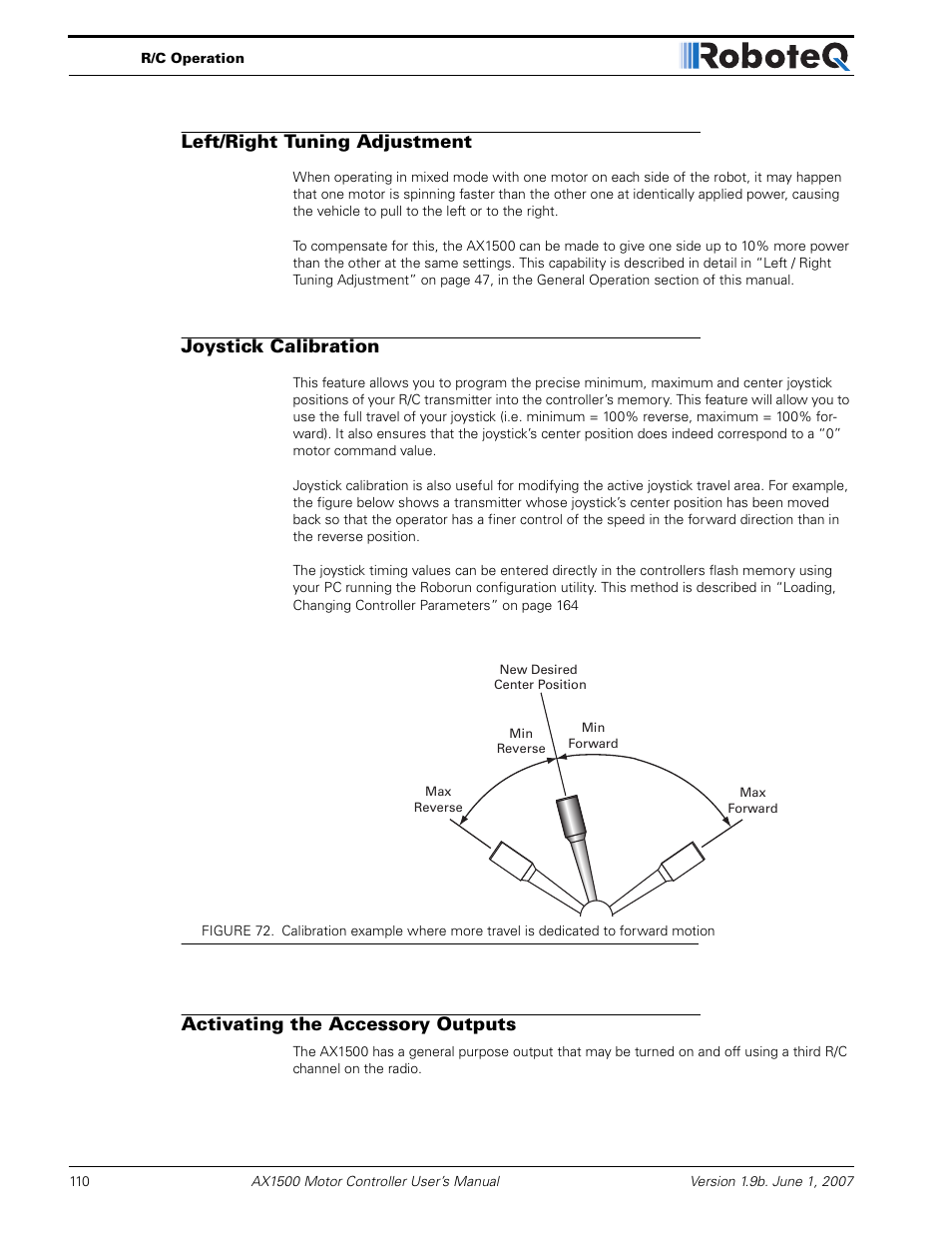 Left/right tuning adjustment, Joystick calibration, Activating the accessory outputs | RoboteQ Dual Channel Digital Motor Controller AX2550 User Manual | Page 110 / 186