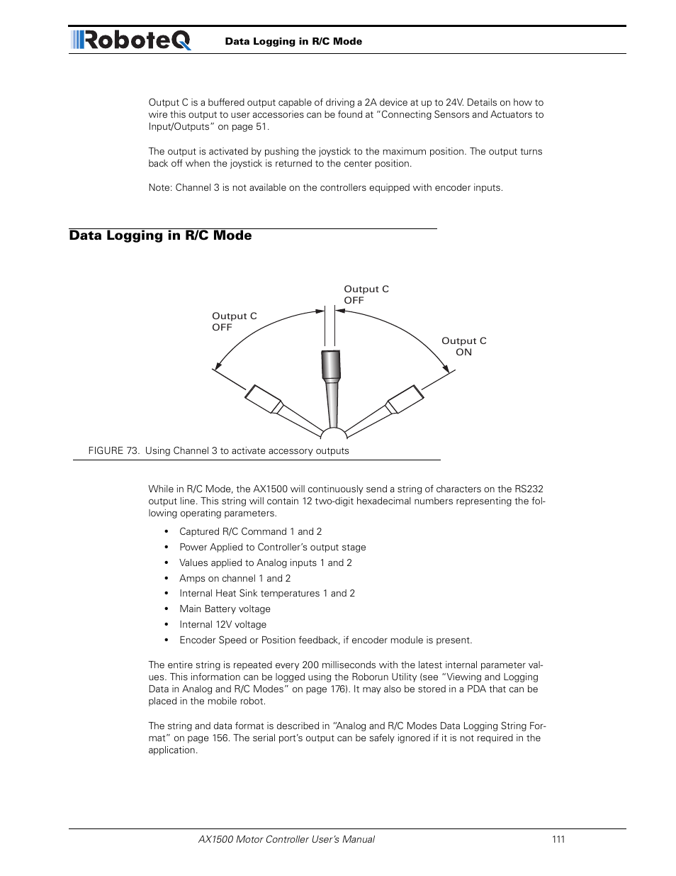 Data logging in r/c mode | RoboteQ Dual Channel Digital Motor Controller AX2550 User Manual | Page 111 / 186