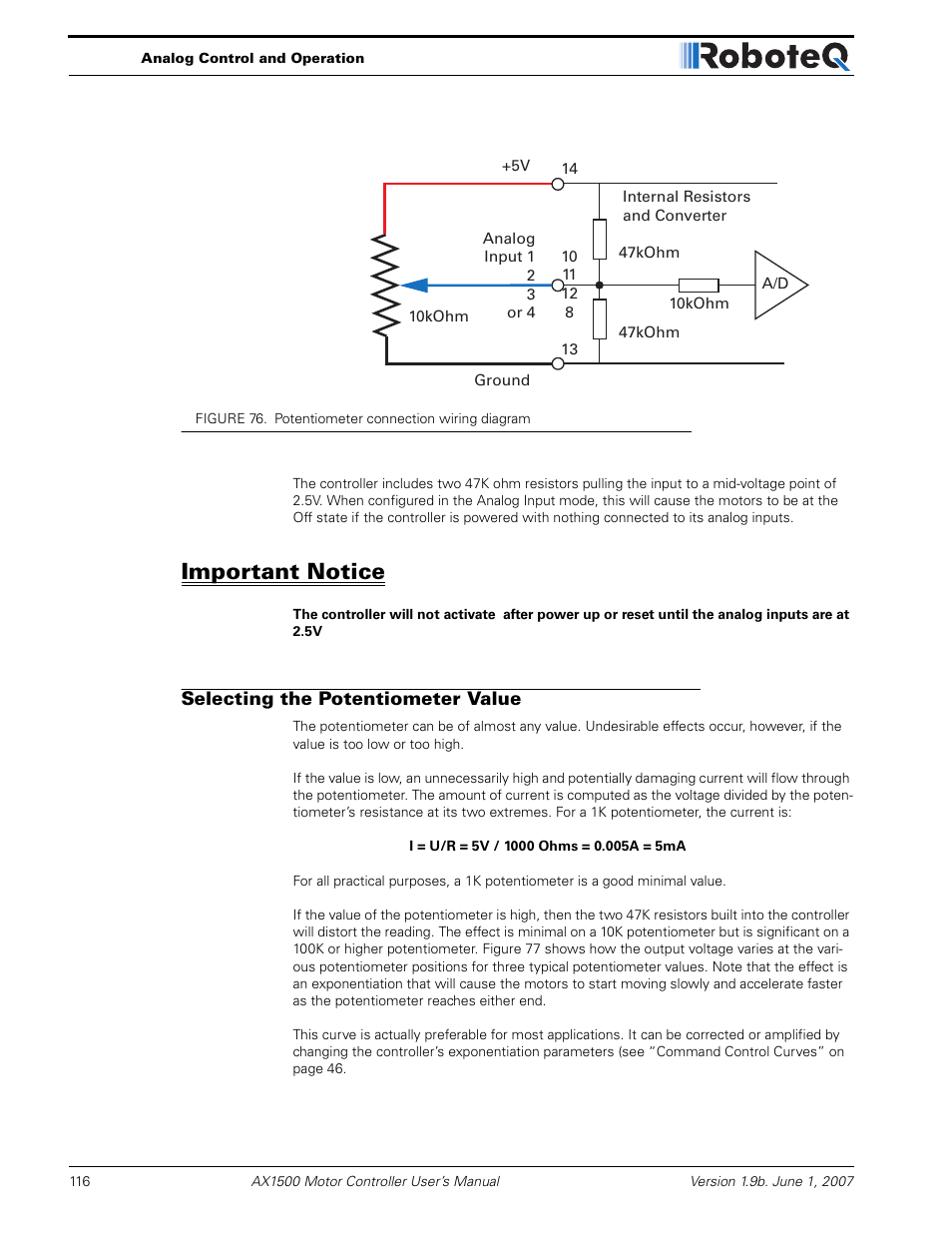 Important notice, Selecting the potentiometer value | RoboteQ Dual Channel Digital Motor Controller AX2550 User Manual | Page 116 / 186