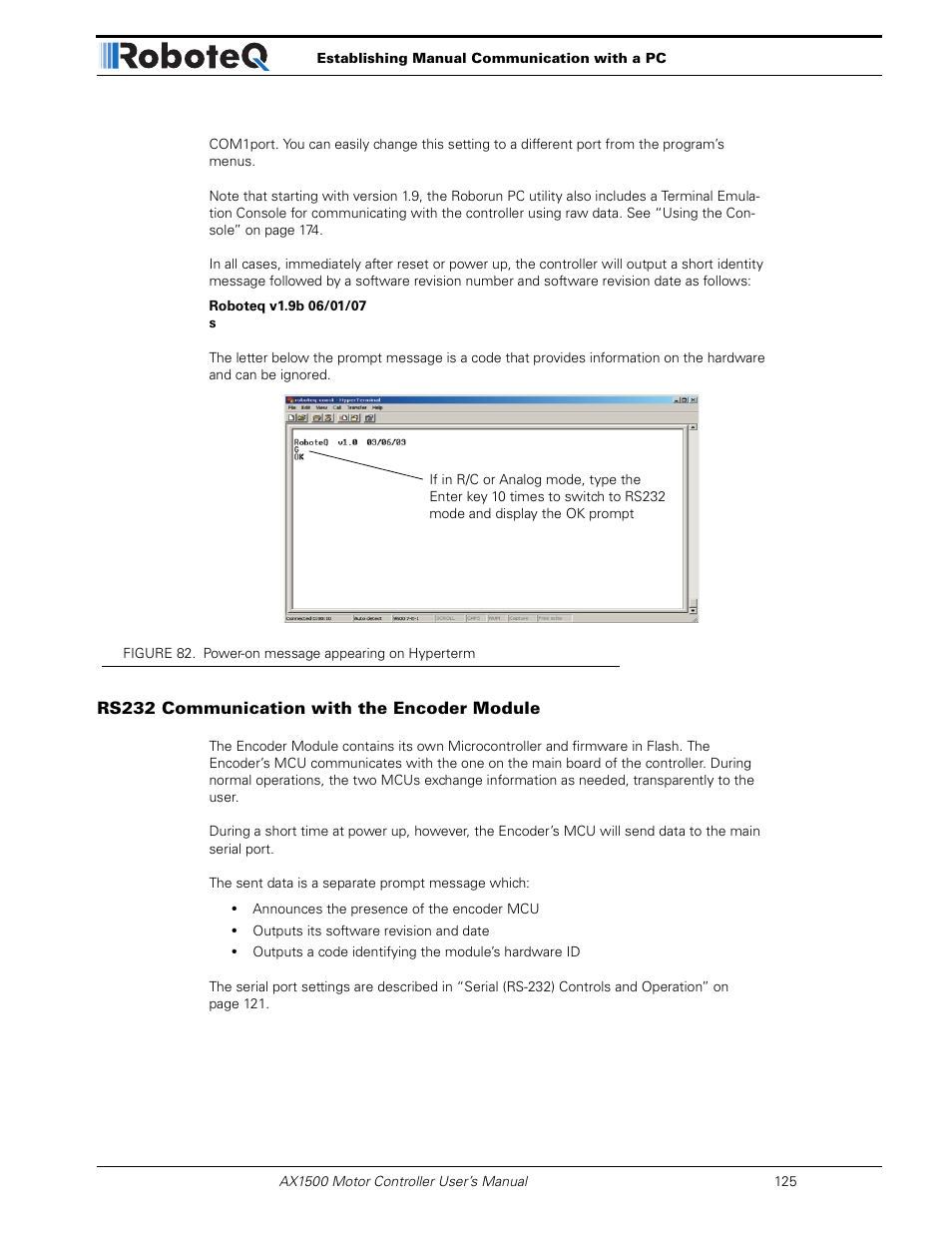 Rs232 communication with the encoder module | RoboteQ Dual Channel Digital Motor Controller AX2550 User Manual | Page 125 / 186