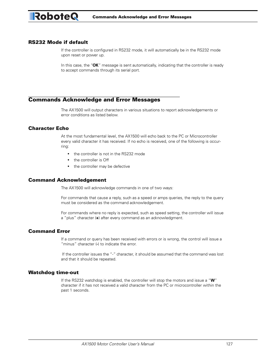 Rs232 mode if default, Commands acknowledge and error messages, Character echo | Command acknowledgement, Command error, Watchdog time-out | RoboteQ Dual Channel Digital Motor Controller AX2550 User Manual | Page 127 / 186