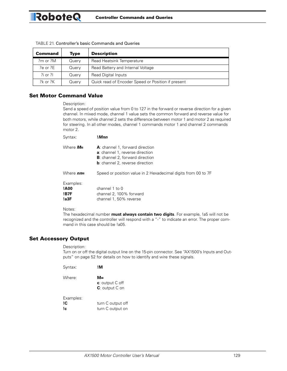Set motor command value, Set accessory output | RoboteQ Dual Channel Digital Motor Controller AX2550 User Manual | Page 129 / 186