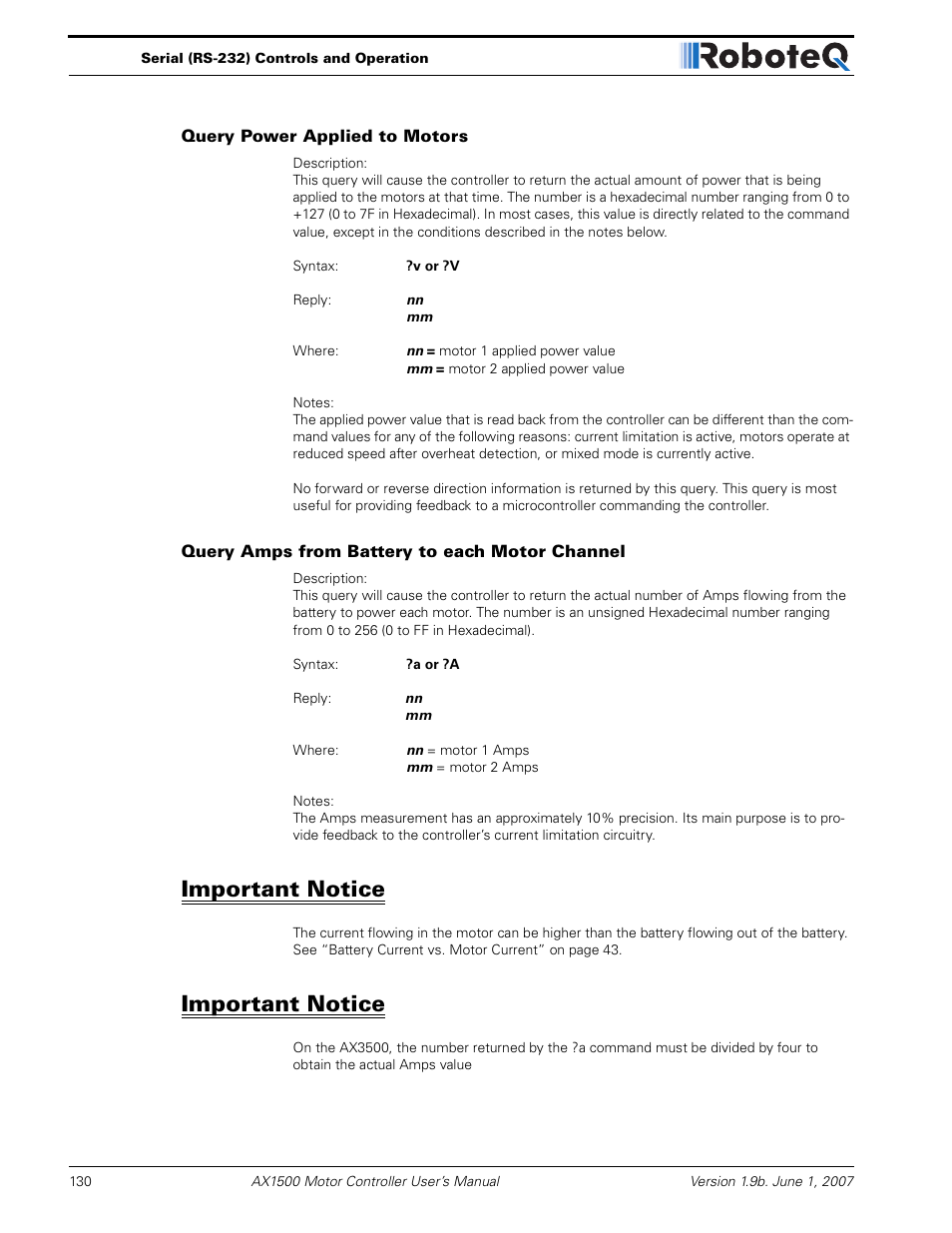 Query power applied to motors, Query amps from battery to each motor channel, Important notice | RoboteQ Dual Channel Digital Motor Controller AX2550 User Manual | Page 130 / 186